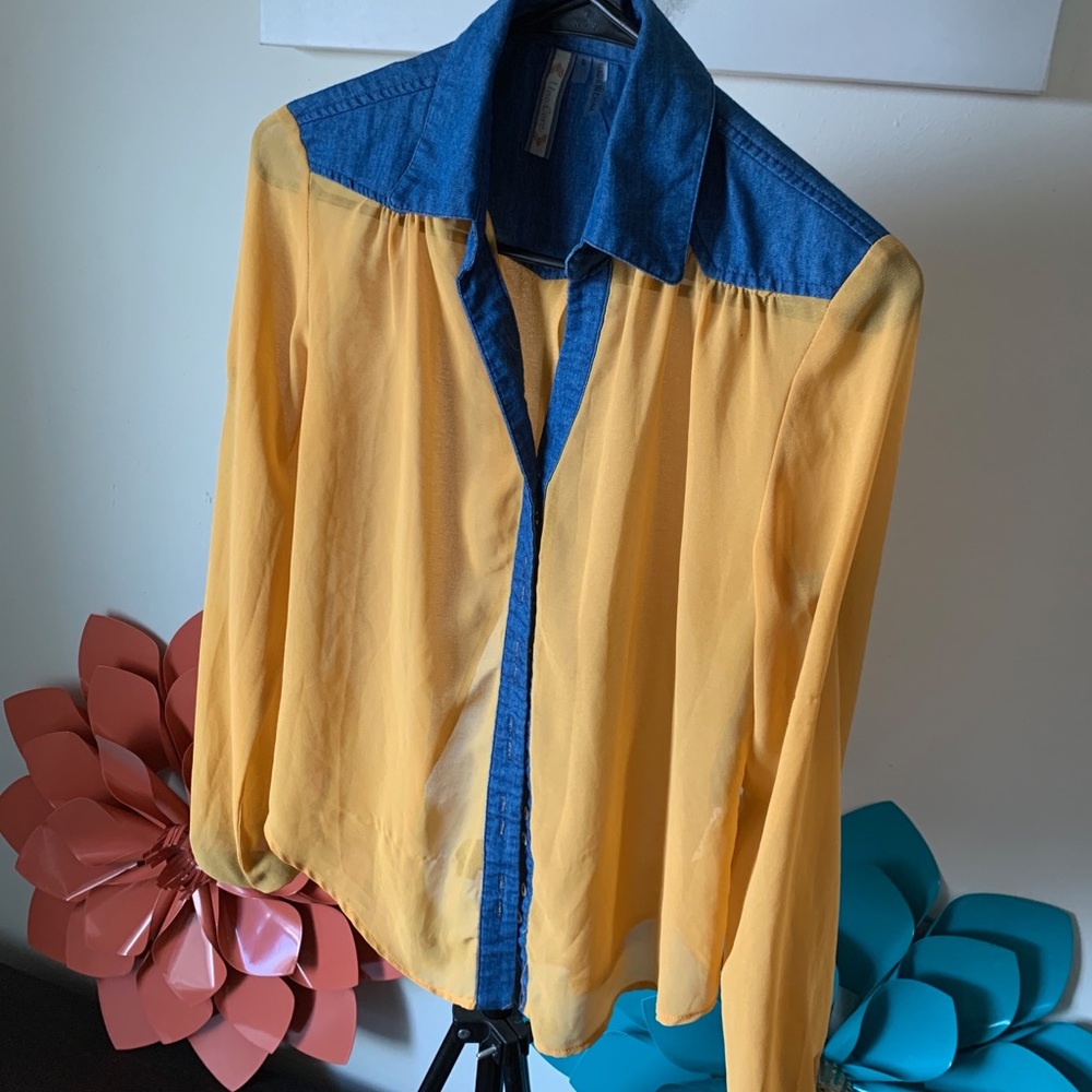 Denim trimmed see- through blouse